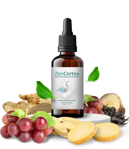ZenCortex bottle with natural ingredients for healthy hearing support and memory enhancement, including grape seed, ginger, and green tea.