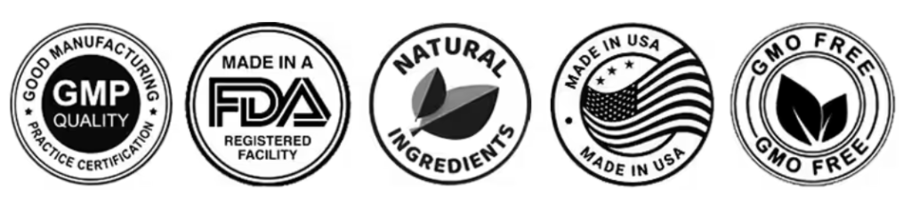 Certification badges for GMP quality, FDA registered facility, natural ingredients, made in USA, and GMO-free.