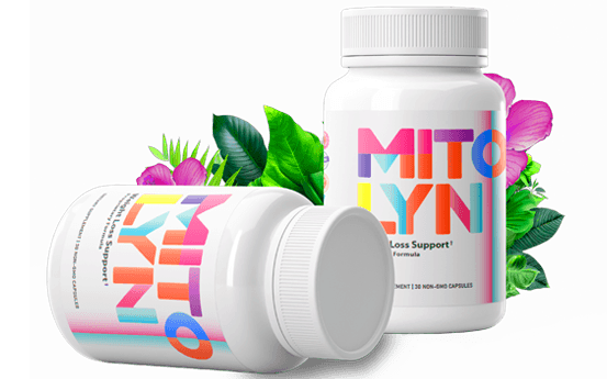 Two Mitolyn bottles with colorful branding, surrounded by vibrant green leaves and pink flowers.