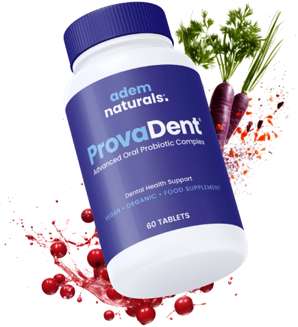 ProvaDent bottle - advanced oral probiotic supplement with natural ingredients like cranberry extract and purple carrot powder for dental health support